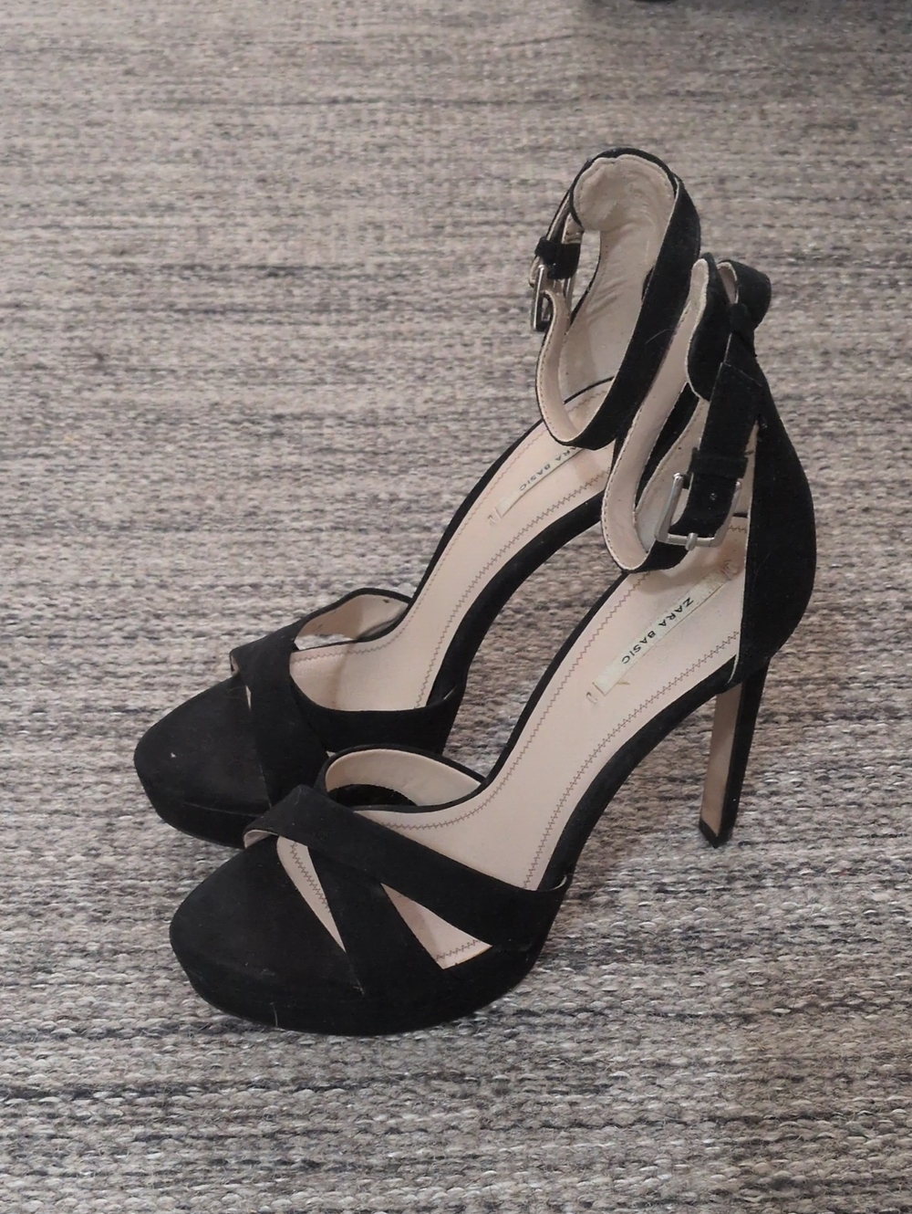 Zara Black Suede Platform Ankle-Strap Stiletto Heels 5" - Size 38